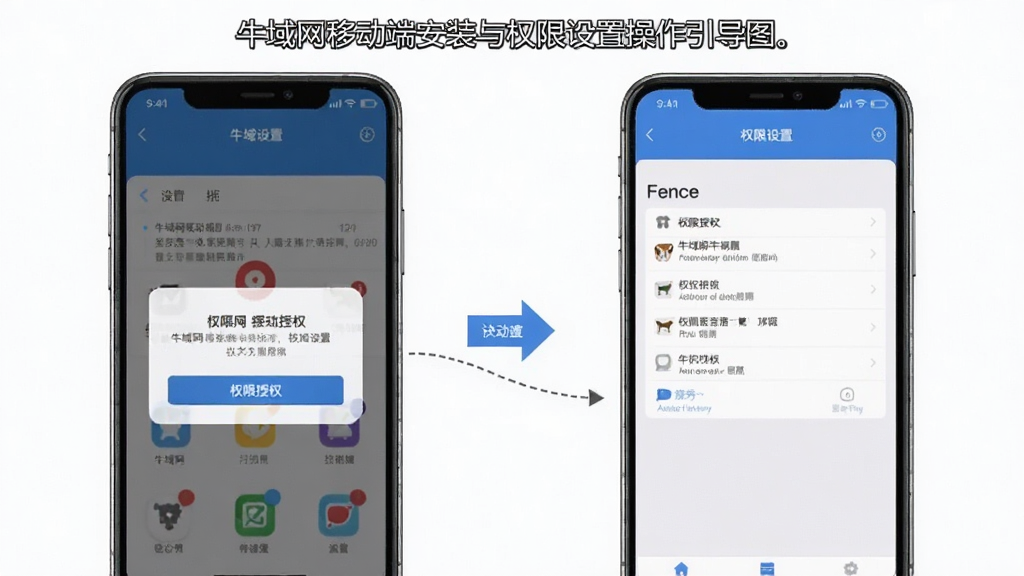 牛域网移动端安装与权限设置操作引导图,手机屏幕展示权限授权弹窗与设置界面,布局清晰分步展示,风格简洁实用,细节明确,画质高清,干净无多余元素