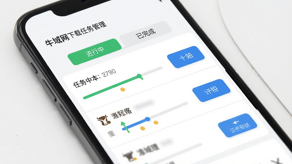 牛域网下载任务管理界面,手机屏幕显示任务列表,包含进行中与已完成分类标签,每条任务带有进度条与操作按钮,布局整齐,风格简约清爽,细节清楚,画质高清,干净无多余元素