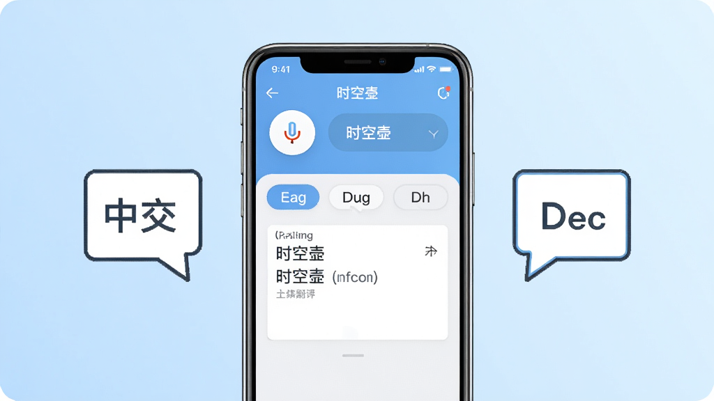 画面中央放置一部智能手机,屏幕显示时空壶翻译软件主界面,界面包含语音输入按钮、语言选择栏与翻译结果展示区;手机两侧分别用简洁图标表示中文与英文对话气泡,背景为淡蓝色渐变,风格清爽现代,细节干净利落,画质清晰,无多余装饰元素