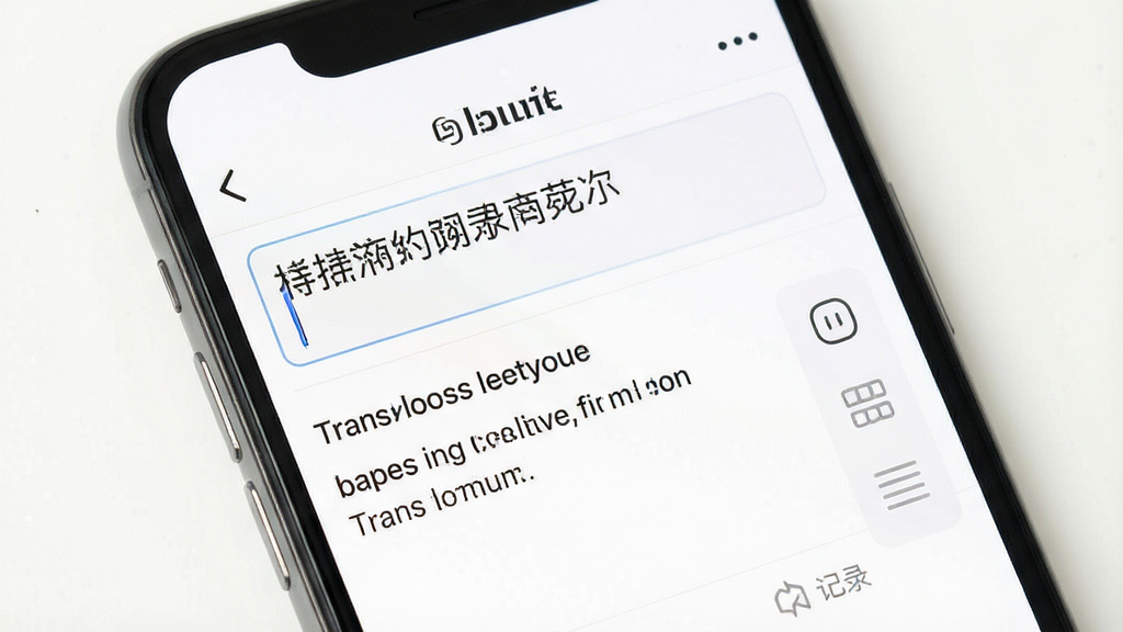 手机屏幕展示时空壶文字翻译界面,输入框内有中文句子,下方显示英文翻译结果,旁边有历史记录列表图标,背景为白色简洁风格,细节清晰,画质干净,无多余装饰