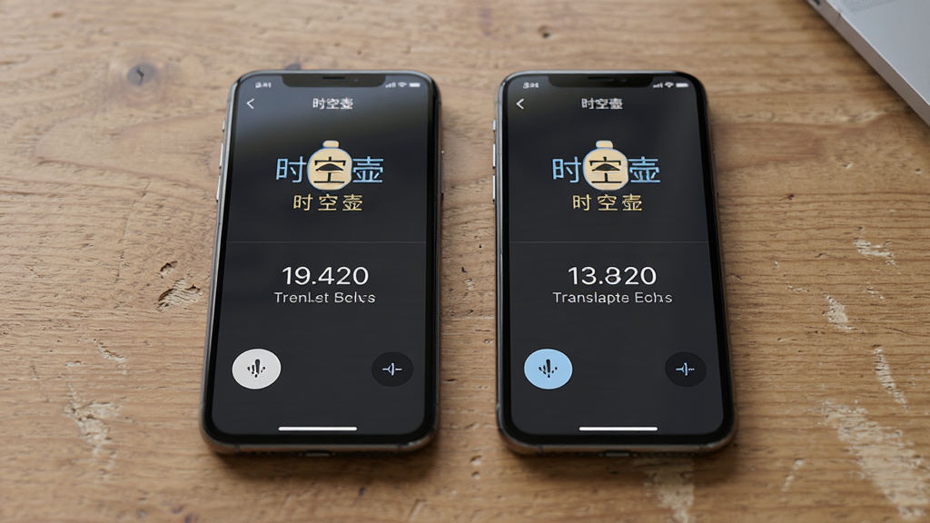两部手机并排放在桌面上,屏幕分别显示时空壶对话模式的上下分区界面,每侧有语音按钮和翻译文字,背景为木质桌面,风格简约商务,细节真实,画质清晰,无多余物品