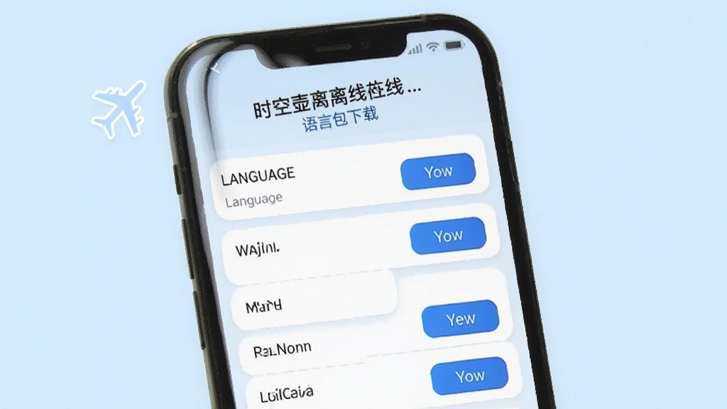 手机屏幕显示时空壶离线语言包下载页面,列表中有多个语言选项和下载按钮,旁边有飞机图标暗示旅行场景,背景为淡蓝色,风格清新,细节明确,画质清晰,无杂乱元素