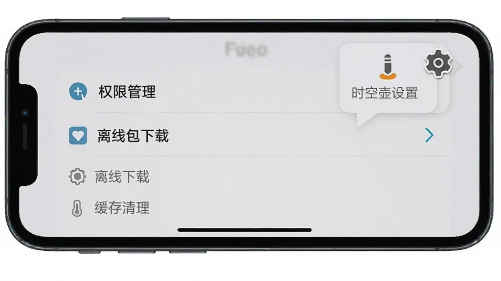 手机屏幕显示时空壶设置页面,包含权限管理、离线包下载、缓存清理等选项,旁边有齿轮图标和提示气泡,背景为浅灰色,风格简洁实用,细节清晰,画质干净,无多余元素