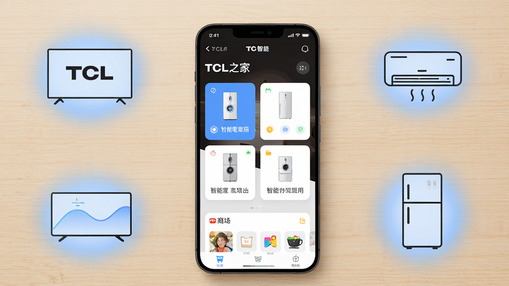 主体为一部竖屏智能手机,屏幕中央显示“TCL之家”应用界面,包含智能家电控制卡片与商城入口,布局为手机居中放置于浅色木质桌面,周围环绕TCL智能电视、空调、冰箱的简约线框图标,排版采用中心对称构图,风格为清爽现代科技风,细节包含柔和的蓝色光晕与圆角图标,画质高清、干净、无多余元素