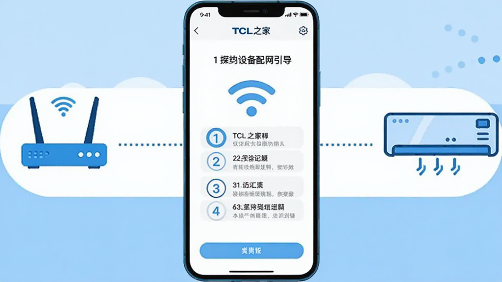 主体为一部手机屏幕显示TCL之家设备配网引导页面,布局为手机居中,左侧放置路由器图标、右侧放置空调图标并以虚线连接手机,排版为横向三段式构图,风格为简洁明快的蓝白配色插画,细节包含Wi-Fi信号符号与步骤序号,画质清晰、干净、无多余元素