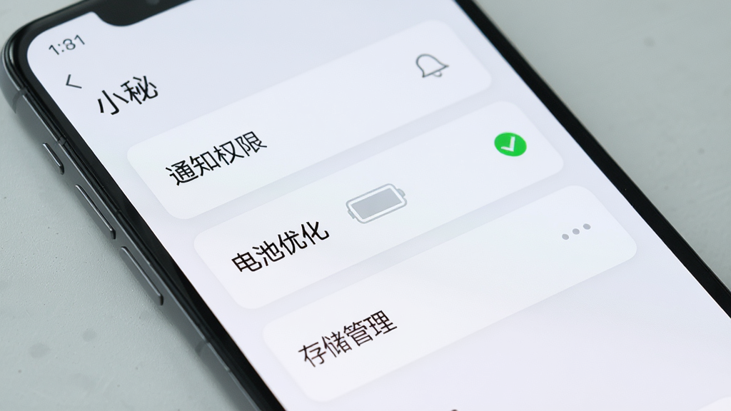画面为一部手机屏幕特写,屏幕上显示“小秘”应用的设置页面,页面中可见“通知权限”“电池优化”“存储管理”三个选项卡片,其中“电池优化”卡片旁有一个绿色对勾标记;背景为浅灰色桌面,整体风格写实清晰,细节干净,画质良好,无多余元素