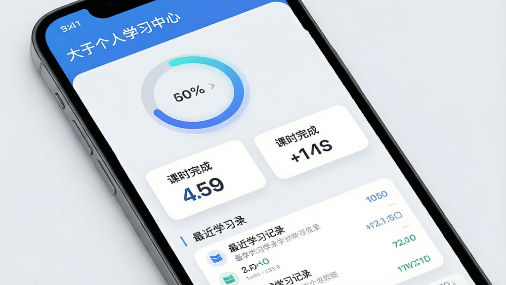 一张大于众学个人学习中心界面的概念图,画面主体为手机屏幕展示学习进度统计面板,包含环形进度图、课时完成数量卡片与最近学习记录列表,布局为上下结构,排版层次分明,风格为现代数据可视化界面风,色彩以蓝色和浅灰色为主,细节上进度环带有渐变填充效果,数字字体清晰醒目,画质干净利落,无多余元素