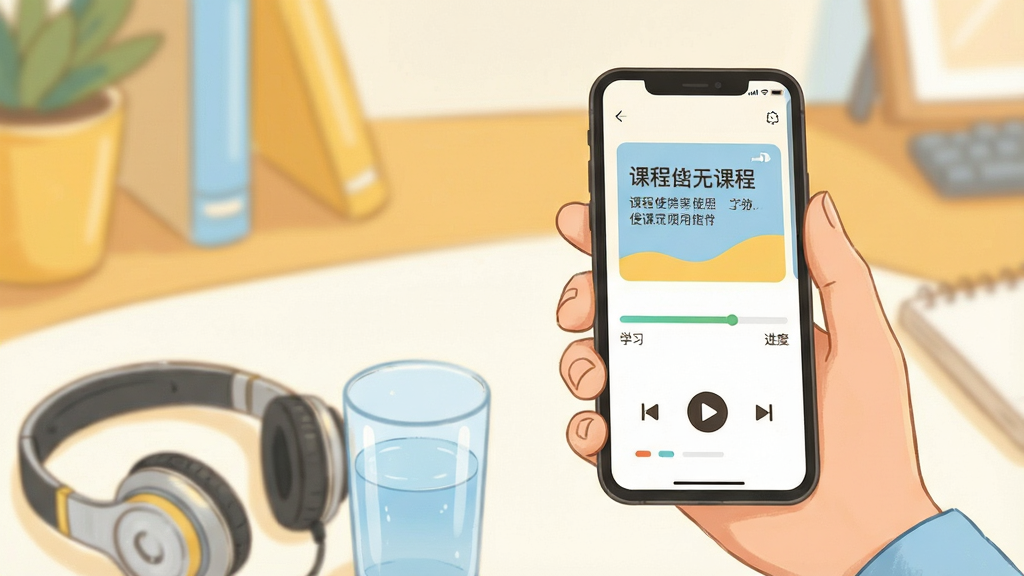 一张大于众学手机端使用场景的概念图,画面主体为一只手握持手机,屏幕显示课程播放界面与学习进度条,旁边放置一副耳机和一杯水,布局为人手与手机居中偏右,耳机水杯置于左下角,风格为温暖生活化插画风,色彩以暖黄和浅蓝搭配,细节上手机屏幕中可见播放控制按钮与课程标题文字,背景为虚化的室内桌面环境,画质柔和干净,无多余元素
