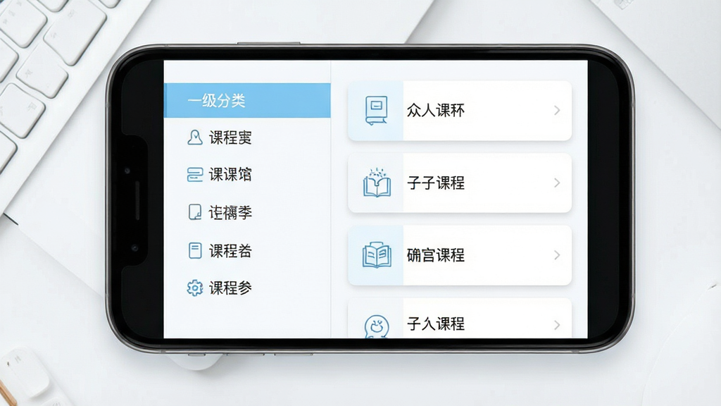 一张大于众学课程分类页面的概念展示图,画面主体为手机屏幕中呈现多层级课程分类菜单,左侧为一级分类标签,右侧为对应子分类卡片,布局为左右分栏结构,排版整齐清晰,风格为清爽的UI界面展示风,色彩以浅蓝和白色为主,细节上分类图标采用线性小图标设计,卡片带有轻微阴影,画质干净清晰,无多余元素