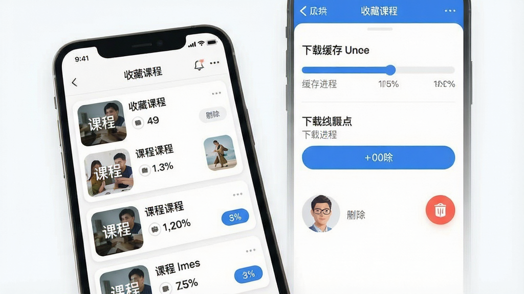 一张大于众学收藏与缓存功能的概念展示图,画面主体为手机屏幕显示收藏课程列表与下载缓存管理界面,界面中包含课程卡片、缓存进度条与删除按钮,布局为纵向列表式排版,风格为简约扁平UI风格,色彩以白色背景搭配蓝色操作按钮,细节上缓存进度条带有百分比数字标注,课程封面为圆角矩形缩略图,画质清晰干净,无多余元素