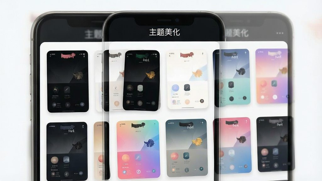 Lampleaf软件主题美化功能界面展示,手机屏幕中呈现多种主题缩略图网格排列,包含深色、浅色、渐变等不同风格预览,界面顶部有“主题美化”文字标签,背景简约干净,画质细腻