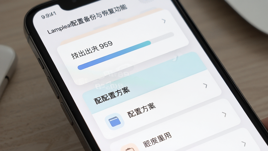 Lampleaf配置备份与恢复功能界面,手机屏幕显示文件导出进度条与配置方案列表,界面采用卡片式设计,配色柔和,画质清晰无杂乱元素