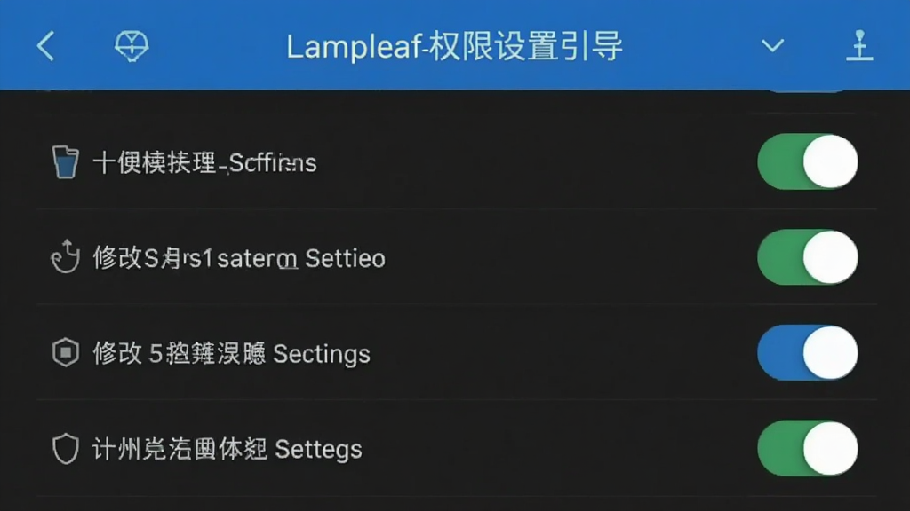 Lampleaf软件权限设置引导界面手机截图,屏幕显示权限列表与开关按钮,包含悬浮窗、修改系统设置等选项,界面清晰明了,配色简洁,画质干净