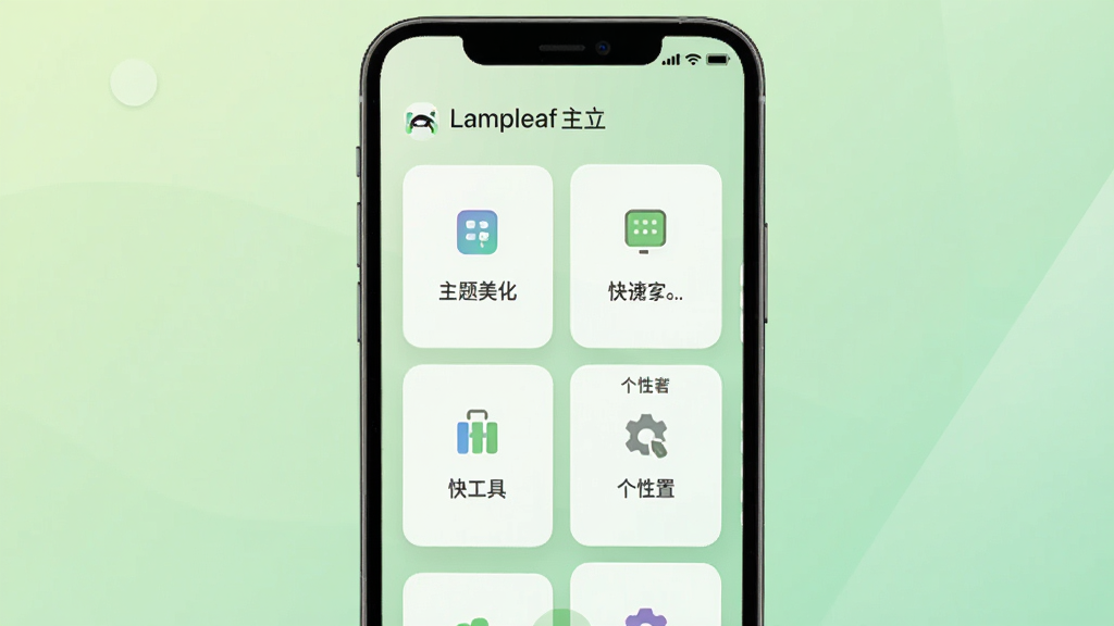 一张展示Lampleaf软件主界面的手机屏幕截图,画面中央是简洁的卡片式功能布局,包含主题美化、快捷工具、个性化设置等模块图标,背景为柔和的浅绿色渐变,整体风格清新现代,画质清晰干净,无多余元素