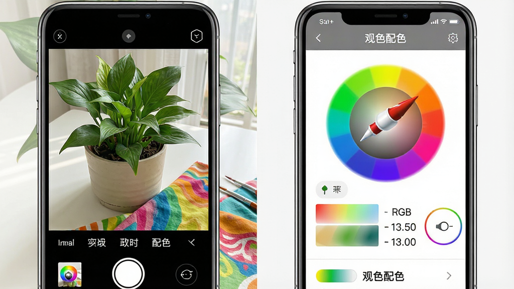 一张展示“观色配色”软件实时取色功能的示意图,画面左侧是手机摄像头对准一盆绿植与彩色布料,右侧手机屏幕内显示取色吸管与色值面板,布局为左右分栏,风格写实清新,细节包括屏幕上的色环、RGB数值、“观色配色”文字标识,画质清晰,画面干净,无杂乱背景