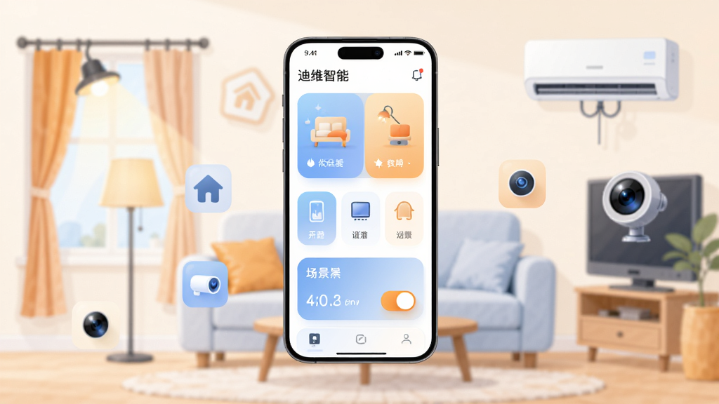 画面主体为一部竖屏智能手机,屏幕中展示迪惟智能应用主界面,包含房间卡片、设备图标与场景开关,手机悬浮在浅色客厅背景上方,周围环绕灯光、窗帘、空调、摄像头等智能家居图标,布局为居中对称构图,风格为清爽科技感扁平插画,细节包含柔和渐变、圆角卡片、淡蓝与暖橙撞色,画质高清干净,画面无多余元素