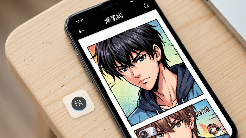 展示「漫星屿」漫画阅读界面的特写图,手机屏幕上显示一页彩色漫画内容,画面清晰细腻,人物线条锐利,旁边有画质切换的小图标,背景为简洁的浅色桌面,风格清爽,细节丰富,画质高清,干净无多余装饰