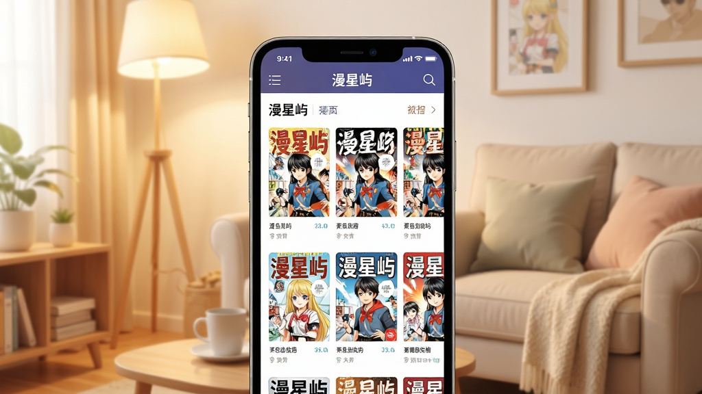 一张展示漫画阅读应用界面的场景图,画面中央是一部智能手机,屏幕上显示着「漫星屿」应用的漫画书架页面,书架上排列着多本彩色漫画封面,背景是温馨的室内阅读环境,有柔和灯光和舒适沙发,整体风格清新明亮,细节丰富,画质清晰,干净整洁,无多余元素