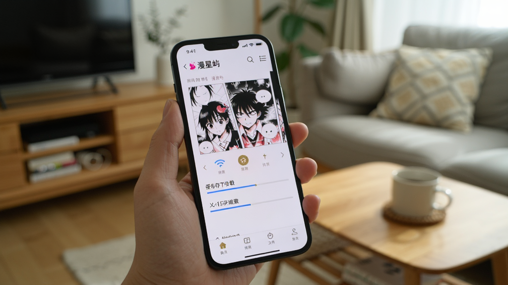 一张展示手机阅读应用操作场景的图片,画面中一只手握持手机,屏幕上显示「漫星屿」的漫画阅读页面,旁边有WiFi信号图标和缓存下载进度条,背景为居家休闲环境,风格生活化,光线自然,画质清晰,干净简洁