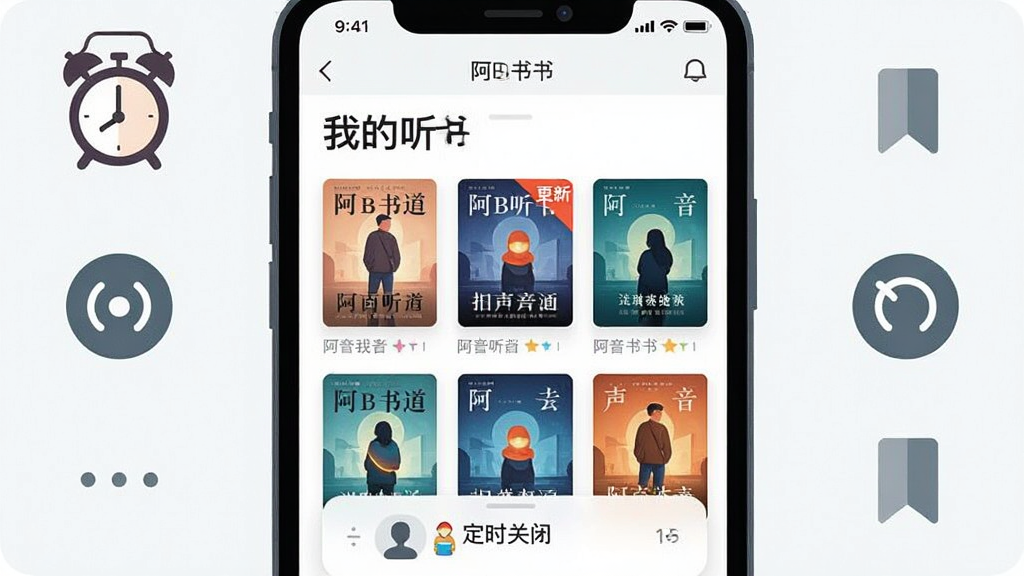 画面主体是一部手机屏幕特写,显示“阿B听书”的书架页面,多本有声书以封面网格形式排列,其中一本封面带有“更新”角标;布局为手机居中,四周有闹钟图标、倍速按钮图标、书签图标环绕;风格为现代简约扁平插画;细节上屏幕顶部显示“我的书架”中文标题,底部有定时关闭的小面板示意;画质干净,色彩统一,无多余装饰。