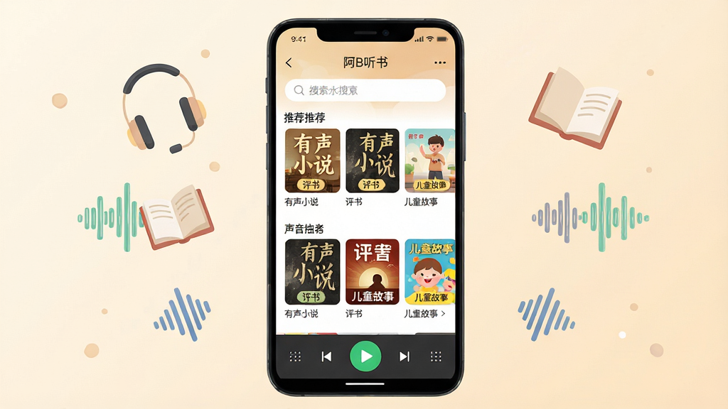 画面主体是一部竖屏安卓手机,屏幕中央显示一款名为“阿B听书”的听书软件主界面,界面上方是搜索框和推荐书单卡片,中部为有声书封面横向滑动列表,底部为播放控制栏;手机两侧漂浮着耳机、书本、声波形状的装饰图标,整体布局居中对称;排版上手机占据画面中央约三分之二区域,背景为浅米色渐变;风格为清爽扁平化UI插画,色彩柔和明亮;细节上书本封面带有“有声小说”“评书”“儿童故事”等中文标签文字,播放按钮为圆形绿色;画质清晰干净,无多余元素。