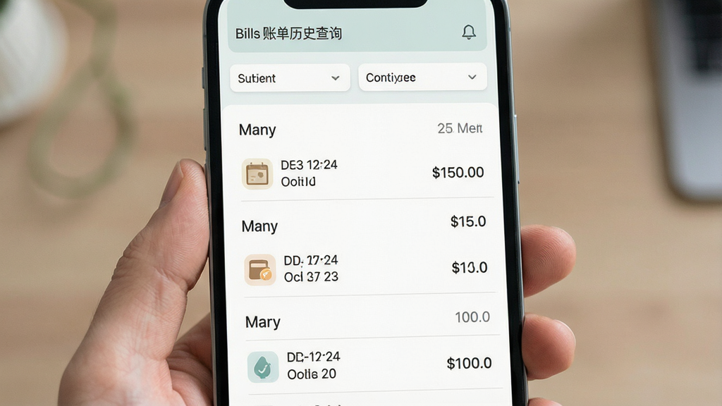 Bills账单历史查询页面展示,屏幕中为按月份排列的账单列表,每条记录包含日期、分类图标与金额,顶部有筛选条件栏,界面风格素雅,配色柔和,细节清晰,画质干净,无多余元素