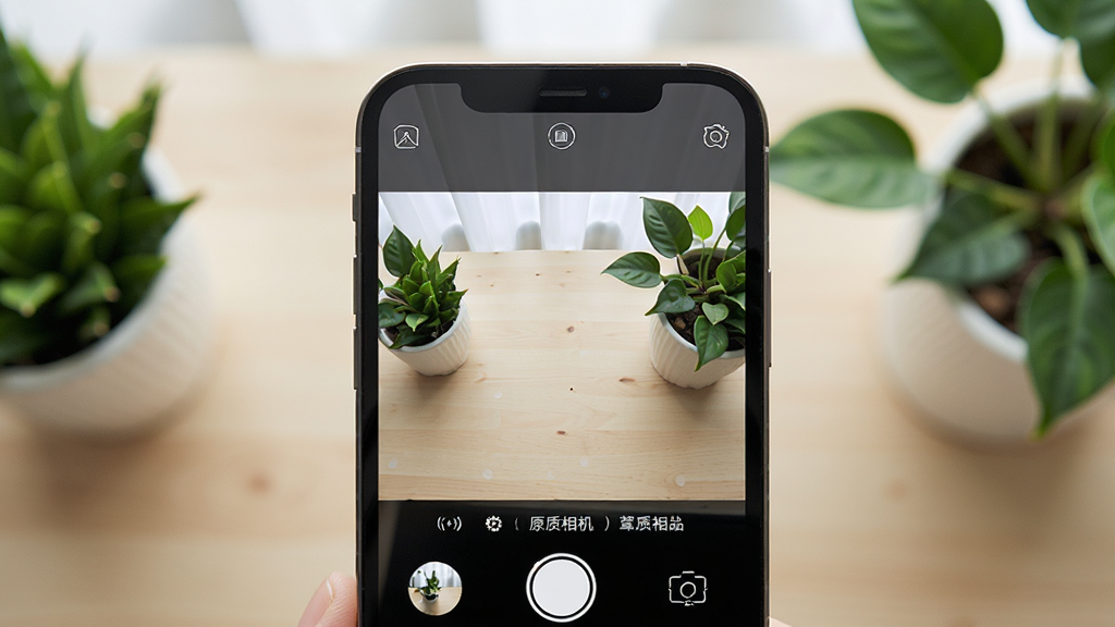 一款名为原质相机的手机应用界面展示图,画面中央是手机屏幕,屏幕内显示相机取景框与简洁的拍摄按钮布局,背景为浅色桌面与绿植点缀,整体风格清爽科技感,细节清晰,画质干净,无多余元素