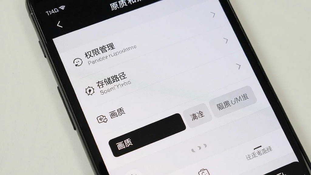 手机屏幕上显示原质相机的设置菜单界面,包含权限管理、存储路径、画质选择等选项,界面布局清晰,风格简洁,背景为浅色,画质干净,无多余元素