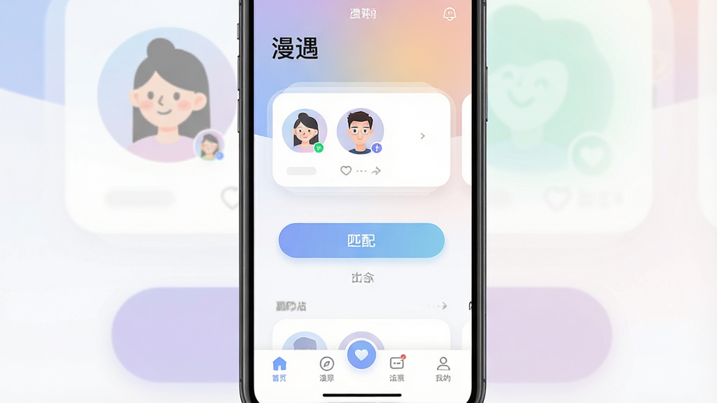 一张展示手机社交应用界面的场景图,主体是一部竖屏智能手机,屏幕内呈现“漫遇”应用的主页,包含用户头像卡片、匹配按钮和底部导航栏,布局居中对称,排版干净利落,风格为现代简约的扁平化UI设计,细节上体现柔和的渐变背景与圆角卡片,画质清晰,画面干净,无多余元素