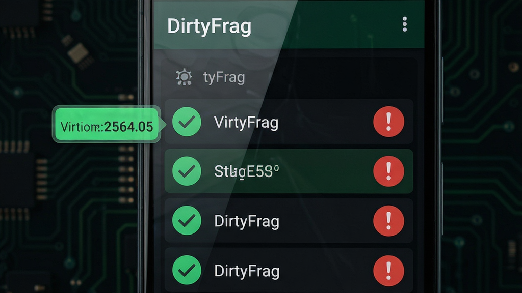画面主体为一部安卓手机屏幕特写,屏幕显示“DirtyFrag”内核版本检测列表,绿色对勾与红色感叹号标识不同检测项;布局为手机居中、左侧漂浮内核版本号标签;排版简洁,重点突出检测结果区域;风格为现代扁平科技风,深色背景配荧光绿高亮;细节包括屏幕反光、细微的电路纹理背景;画质高清,画面干净,无多余装饰元素