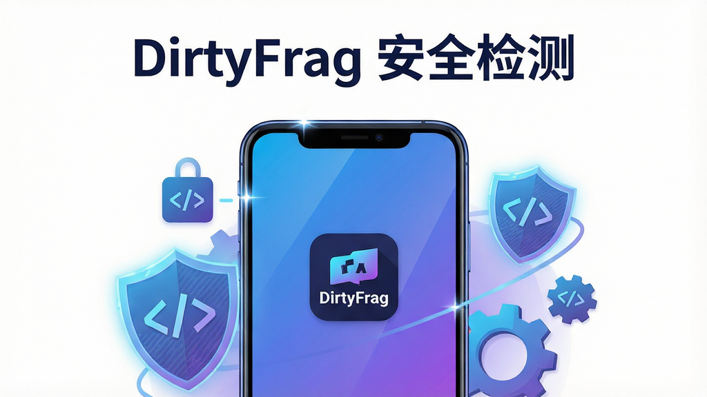 画面主体为一台竖屏安卓手机,屏幕中央显示“DirtyFrag”应用图标与简洁的权限检测界面,手机周围环绕发光的盾牌、代码符号与齿轮元素;布局采用居中构图,手机位于画面正中偏下,上方留白放置标题“DirtyFrag 安全检测”;排版干净利落,信息层级分明;风格为科技感扁平插画,蓝紫渐变配色;细节包括手机边框高光、盾牌纹理、悬浮的小锁图标;画质清晰锐利,画面干净无多余元素,适合下载站配图