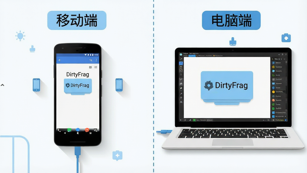 画面主体为安卓手机与笔记本电脑并排摆放,手机屏幕显示“DirtyFrag”检测界面,电脑屏幕显示模拟器运行同一工具;布局为左右对比构图,中间用虚线分隔;排版突出“移动端”与“电脑端”两个区域标签;风格为清爽的扁平信息图,浅蓝与白色为主;细节包括设备阴影、连接线、小图标点缀;画质清晰,画面干净整洁,无多余元素