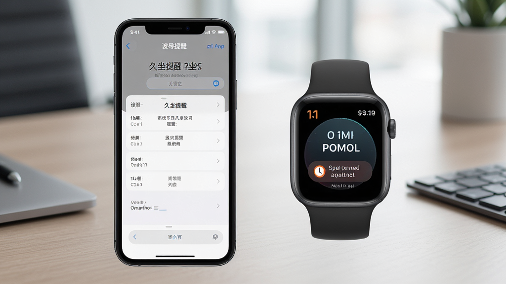 手机与手表并排展示,手机屏幕显示波导手表app的久坐提醒设置界面与闹钟列表,手表屏幕显示提醒动画,背景为办公桌场景,风格简洁商务,布局规整,画质清晰干净