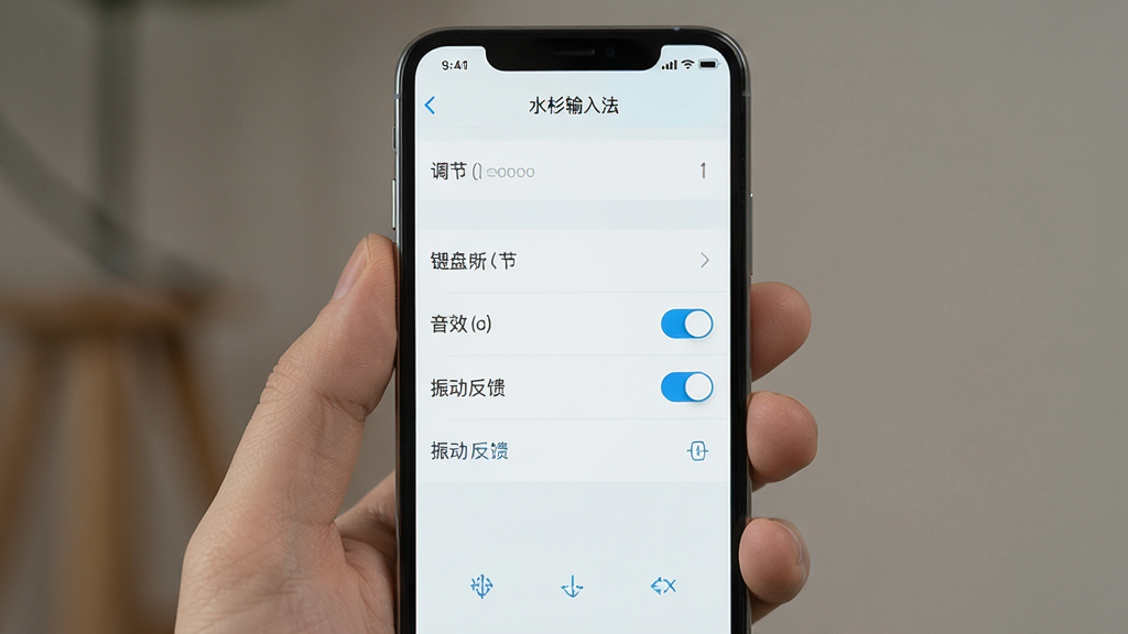 一张展示水杉输入法设置界面的示意图,画面主体为手机屏幕中的输入法设置选项列表,布局为手机竖屏居中展示,排版整齐,风格为清爽浅色系界面风,细节包括键盘高度调节、音效开关、振动反馈等设置项清晰可见,画质清晰干净,无多余元素