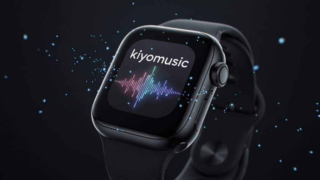 智能手表屏幕显示“kiyomusic”字样的应用图标与音乐波形图案,手表悬浮于深色背景中,周围有微光粒子点缀,采用科技感渲染风格,构图聚焦手表主体,细节清晰,画质锐利,无多余元素