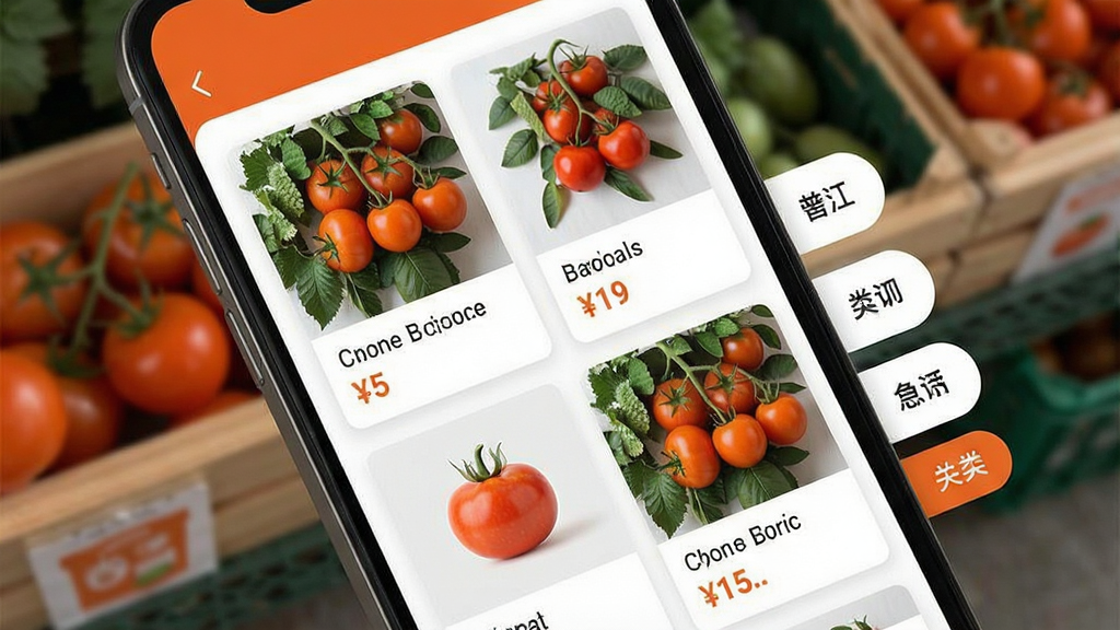 一张表现番茄小铺商品浏览界面的场景图,画面中手机屏幕显示瀑布流商品卡片,每张卡片包含商品图、名称和价格,屏幕右侧有悬浮的分类快捷按钮,整体布局清爽有序,风格为扁平化设计,配色以橙色点缀白色背景,细节清晰,画质干净,无杂乱元素