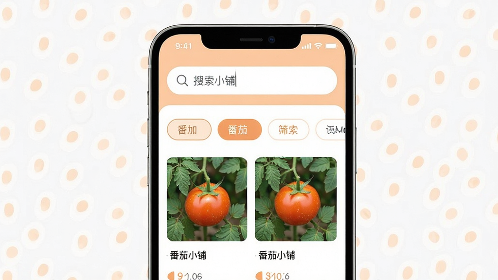 一张展示番茄小铺搜索与筛选功能的界面图,画面中手机屏幕上方为搜索输入框,下方为横向排列的筛选标签和商品结果列表,标签有选中高亮状态,整体排版整齐,风格简洁明快,配色以浅橙和白色为主,细节包括标签圆角和结果缩略图,画质清晰干净,无多余元素