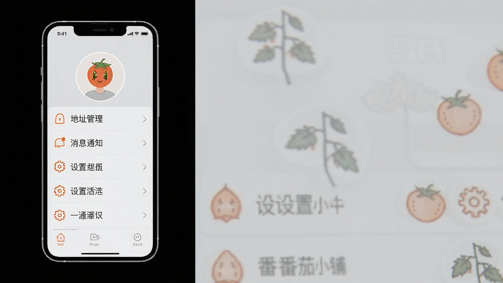 一张展示番茄小铺个人中心界面的手机渲染图,画面中屏幕显示头像区域和纵向排列的功能列表,列表项包括地址管理、消息通知、设置等,图标风格统一为线性图标,整体排版疏朗,风格清爽简约,配色以浅灰背景和橙色图标为主,细节清晰,画质干净,无多余元素