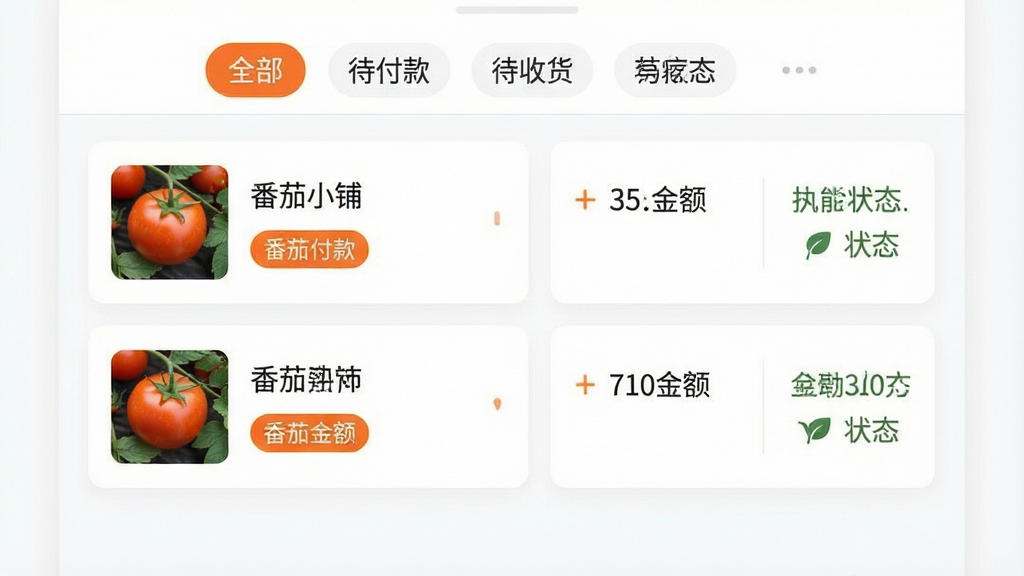 一张表现番茄小铺订单管理页面的手机界面图,画面中屏幕显示订单列表,每条订单包含商品小图、名称、金额和状态文字,顶部有全部、待付款、待收货等标签栏,整体布局清晰,风格为简约卡片式设计,配色以白色背景搭配橙色强调色,细节包括状态标签的圆角样式,画质干净,无多余装饰