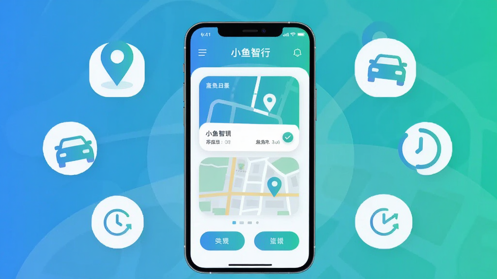 画面中央放置一部智能手机,屏幕显示“小鱼智行”应用主界面,界面中有路线卡片与地图元素,手机周围环绕简约的出行图标如定位针、汽车、时钟,布局为居中对称式,风格为扁平化科技插画,细节上采用蓝绿渐变配色、圆角卡片、清晰的功能按钮,画质清晰干净,无多余装饰元素