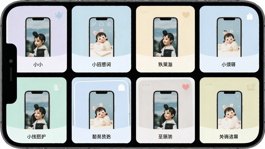 手机屏幕展示“小小”应用的模板选择页面,多个模板卡片以两列网格排列,每张卡片有预览图和简短标题,界面配色柔和,风格清新,布局规整,画质清晰,无杂乱元素