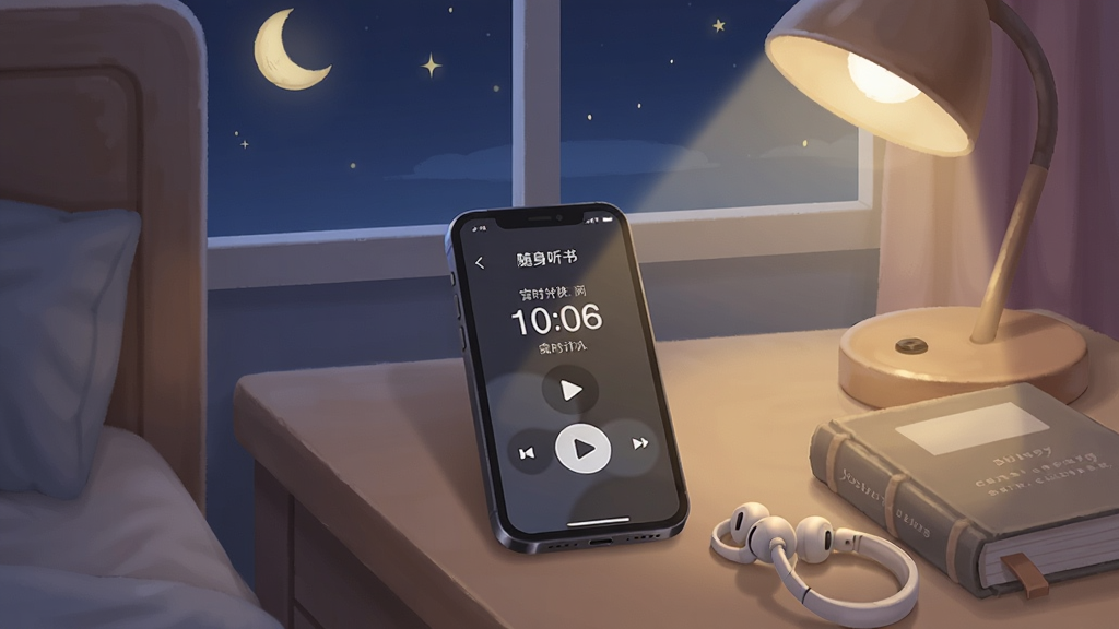 画面为夜间卧室场景,床头柜上放着一部手机,屏幕显示