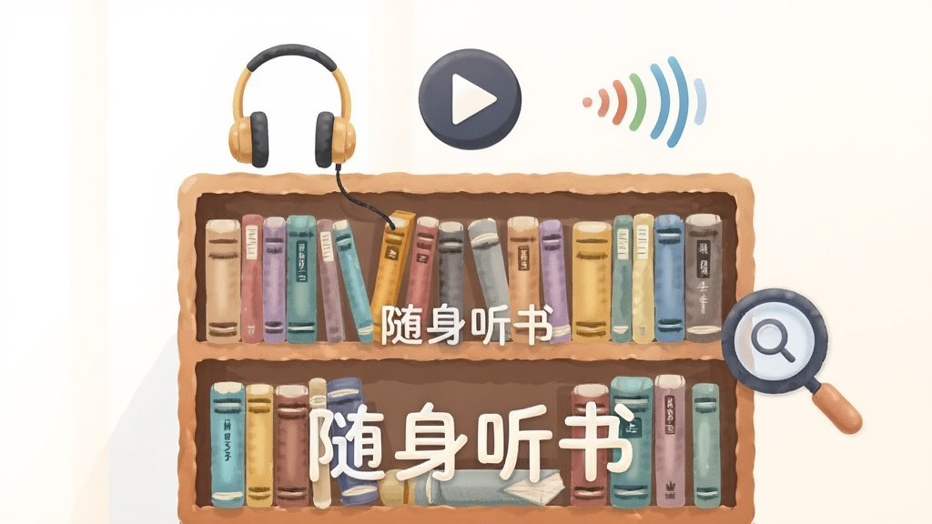 画面主体为一座多层书架,每层摆放不同颜色的书本,书本上方悬浮耳机、播放按钮和声波符号,书架右侧有一个搜索放大镜图标,布局为居中对称构图,风格为清新扁平插画,细节包括书本上的分类标签和柔和光影,画质干净清晰,无多余元素,画面中带