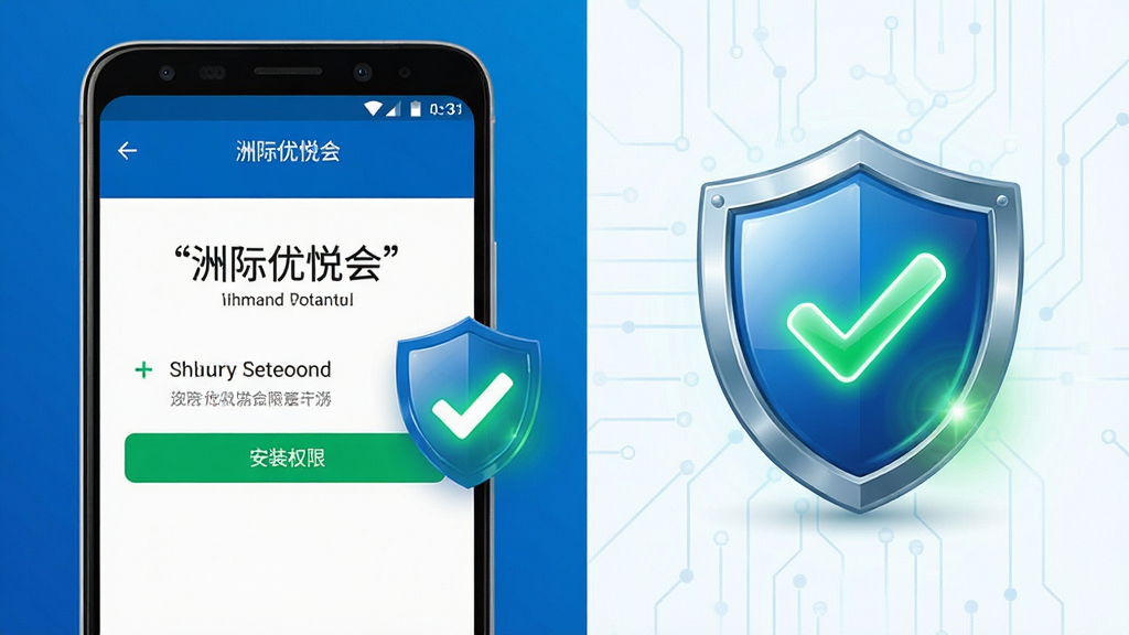 主体为一部安卓手机屏幕显示“洲际优悦会”App的安装权限设置界面,旁边有盾牌图标和勾选标记;布局采用左右分栏,左侧手机,右侧安全提示图标;排版简洁,重点突出;风格为科技安全风,色调以蓝色、白色和绿色为主;细节上盾牌有光泽质感,勾选标记带发光效果,手机屏幕内文字清晰;画质高清,干净无多余元素,文字使用引号标注为“洲际优悦会”。