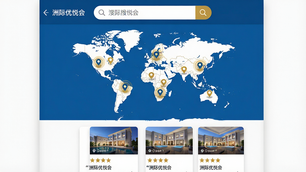 主体为“洲际优悦会”App的酒店搜索页面,屏幕中央展示全球地图与酒店定位标记;布局采用上中下结构,顶部为搜索栏,中部为地图,底部为酒店列表卡片;排版清晰,信息层级分明;风格为扁平化现代设计,色调以蓝白为主,辅以金色高亮;细节上地图标记有脉冲动画效果,卡片内显示酒店缩略图和评分;画质高清,干净无多余元素,文字使用引号标注为“洲际优悦会”。