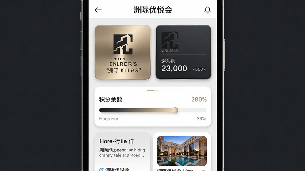 主体为“洲际优悦会”App的个人中心页面,屏幕展示会员等级卡片、积分余额和近期行程列表;布局采用上下分区,顶部为会员信息卡,中部为积分进度条,底部为行程卡片;排版整洁,信息模块化;风格为轻奢商务风,色调以深灰、白色和香槟金为主;细节上会员卡有金属质感光泽,进度条有渐变效果,行程卡片带酒店小图;画质高清,干净无多余元素,文字使用引号标注为“洲际优悦会”。