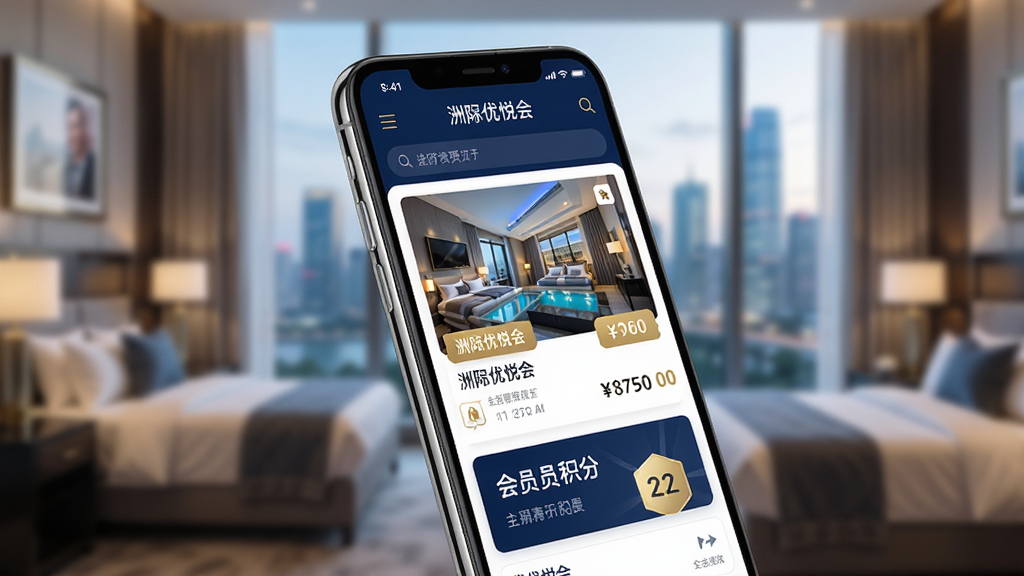 主体为一部智能手机,屏幕上显示“洲际优悦会”App的酒店预订界面,包含酒店图片、价格标签和会员积分卡片;布局采用居中构图,手机略微倾斜展示;排版上屏幕内容清晰可见,周围有柔和的酒店场景虚化背景;风格为现代商务科技风,色调以深蓝、白色和金色点缀为主;细节上手机边框有反光质感,屏幕内图标精致,背景有模糊的城市天际线;画质高清,干净无多余元素,无杂乱文字。