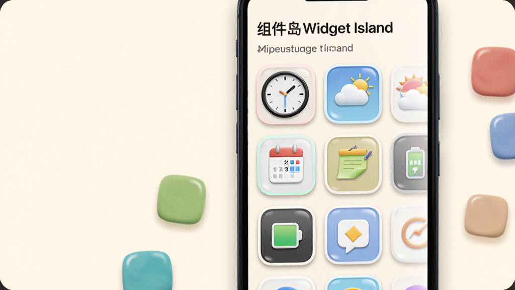һ����׿�ֻ���Ļ��д����Ļ��չʾ�������Widget Island�������ѡ����棬������������ʽ������ʱ�ӡ���������������ǩ��������С�������ͼ��ÿ������ͼ��Բ�ǿ�Ƭ�뵭ɫ��ߣ�����Ϊ��͵��װ�ɫ���ֻ��Ա�ɢ�伸����ɫԲ�Ƿ�����Ϊװ�Σ�����Ϊ�ֻ�����ƫ�ҡ�������ף�����Լ���£�ϸ��������ͼ����΢ͶӰ��߹⣬���ʸɾ��������޶���Ԫ��