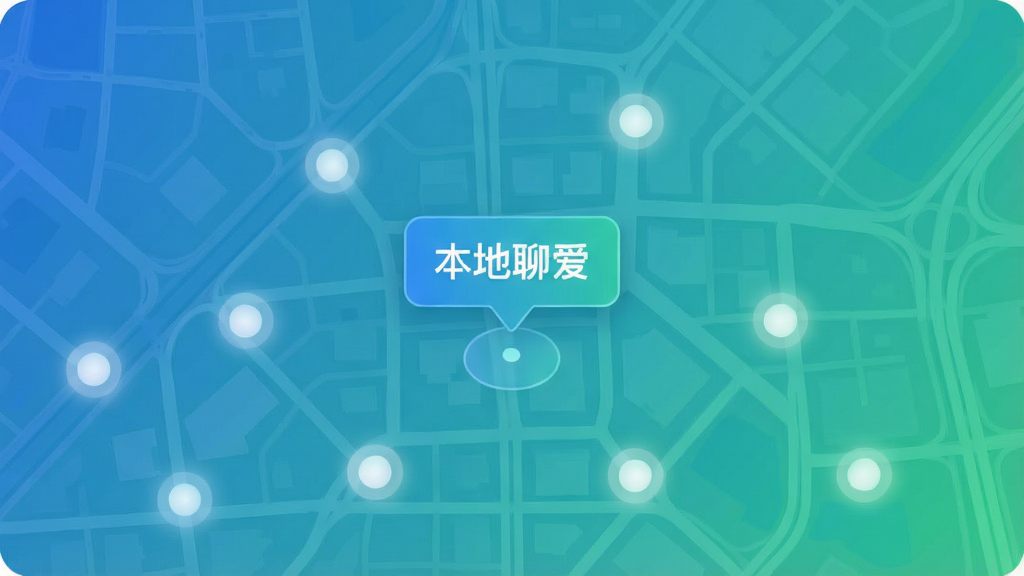 一张俯视视角的城市地图界面,地图上散布多个柔和光点代表附近用户,中央有