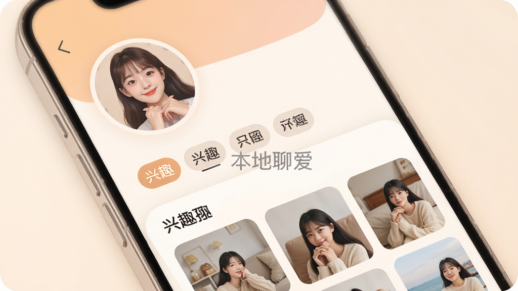 手机应用个人主页界面展示,头像区域、兴趣标签、相册缩略图依次排列,页面中有